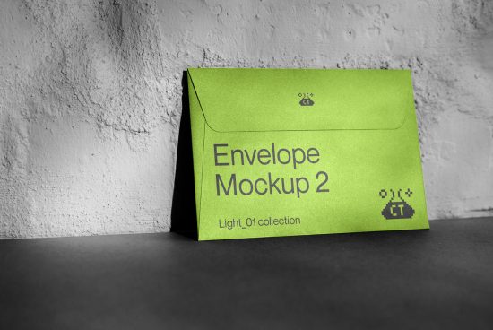 Green envelope mockup leaning against a textured wall, design presentation template, Light_01 collection graphic asset for designers.